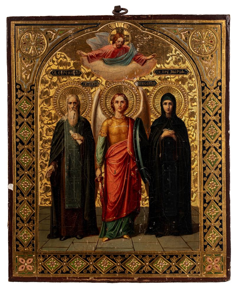 Icona su tavola con Arcangelo Michele e Santi. Russia,