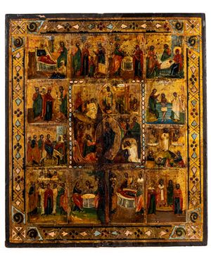 Icona su tavola a fondo oro della Resurrezione con le Dodici Feste (Dodekaorton). Russia, 