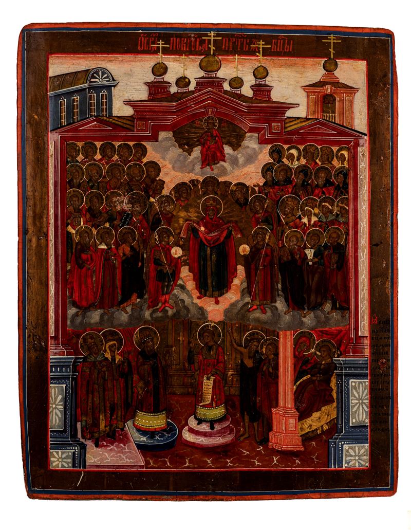 Icona su tavola della Protezione della Santissima Madre di Dio (Pokorov). Russia,