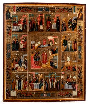 Icona su tavola della Resurrezione con le Dodici Feste. Russia, Secolo XIX