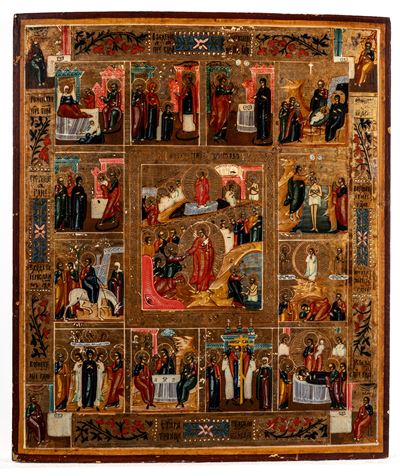 Icona su Tavola della Resurrezione con le Dodici Feste. Russia, Secolo XIX