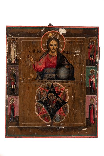 Icona russa del XIX secolo, Cristo Pantocratore e Il Roveto Ardente su tavola bipartita