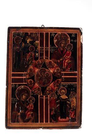Icon on a panel with the Mother of God of the Burning Bush in the center. Russia, XIX Century