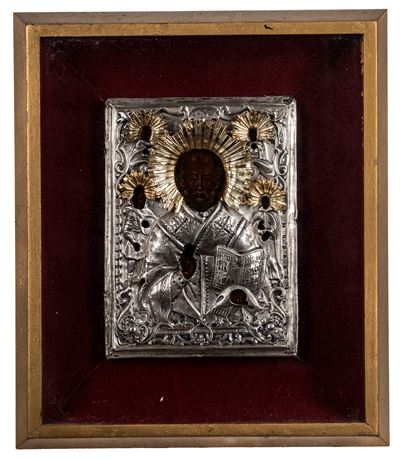 Icona di San Nicola Taumaturgo, Russia, XIX secolo, con riza in argento sbalzato e dorato