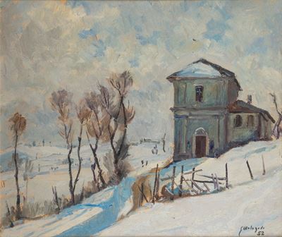 Paesaggio innevato, olio su masonite (1952)