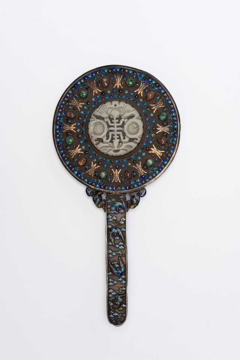 Specchio in argento, giada e smalti, Cina, tarda dinastia Qing / periodo della Repubblica