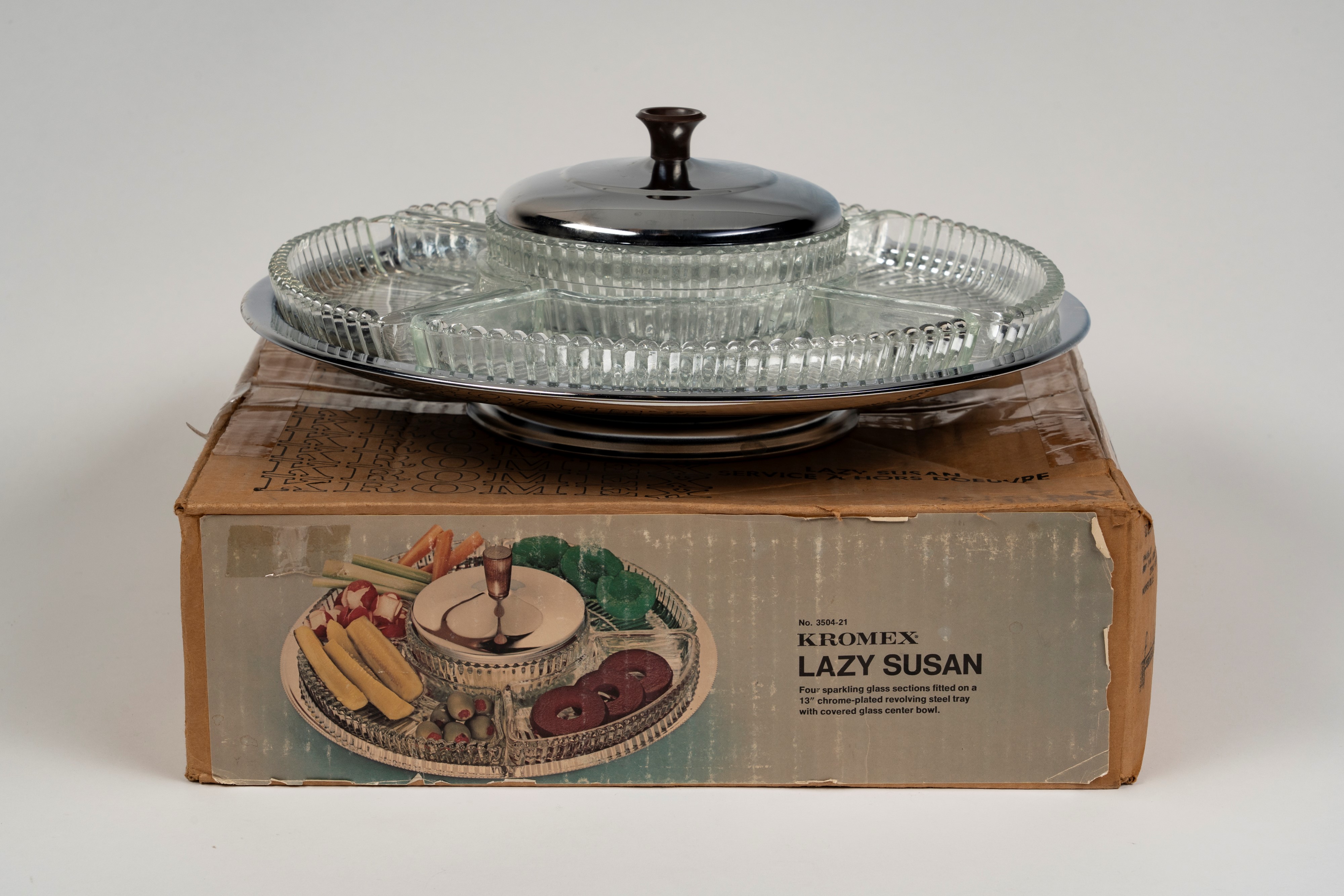 Kromex Lazy Susan vassoio girevole in metallo cromato e vetro per antipasto