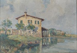 Paesaggio lacustre con casale in primo piano