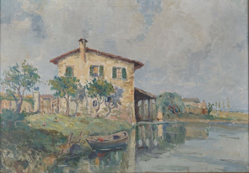 Paesaggio lacustre con casale in primo piano