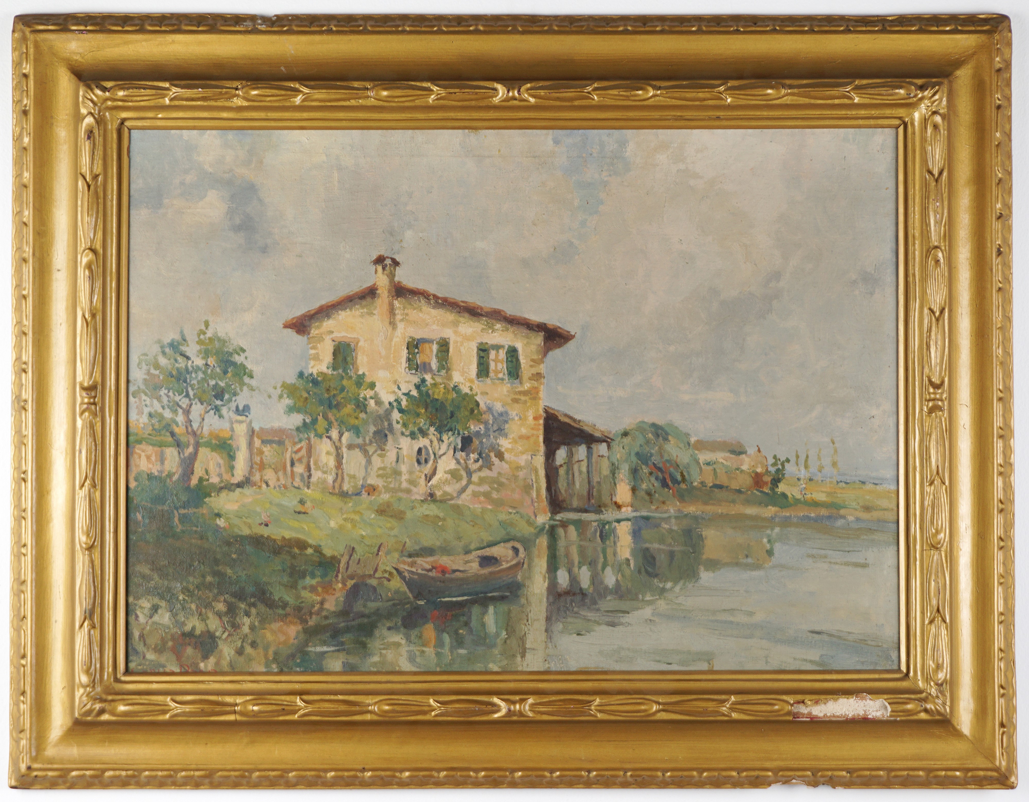 Paesaggio lacustre con casale in primo piano