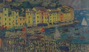 Serigrafia su lastra d&rsquo;argento &ldquo;Festa marinara&rdquo; da un dipinto di Michele Cascella