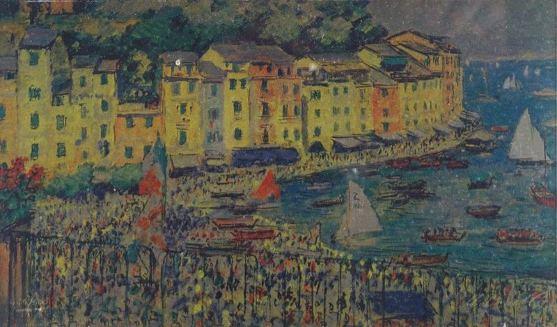 Serigrafia su lastra d’argento “Festa marinara” da un dipinto di Michele Cascella