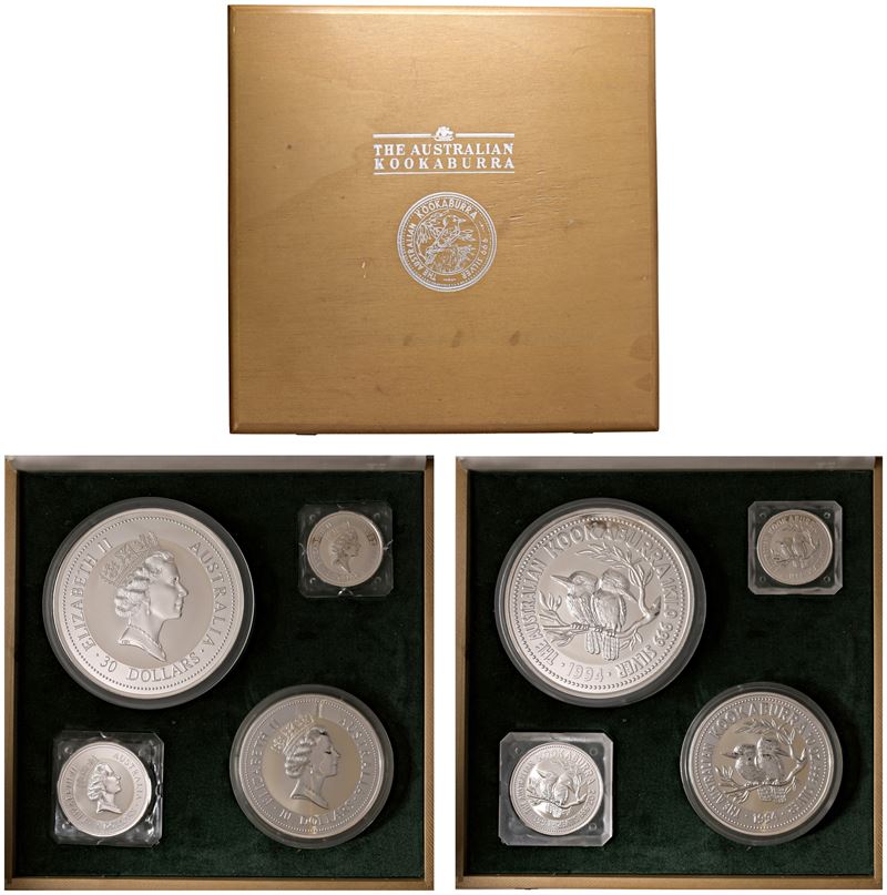 Cofanetto contenente il set di 4 monete "The Australian Kookaburra", 1994.