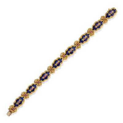 Bracciale snodato in oro giallo 18k con smalti blu e rubini