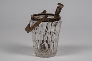 Secchiello per il ghiaccio in cristallo molato e argento con una pinza