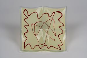 Antipastiera quadripartita in vetro trasparente e policromo di Murano con decoro stilizzato