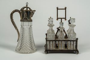 Cruet e caraffa in cristallo molato e metallo argentato, Inghilterra