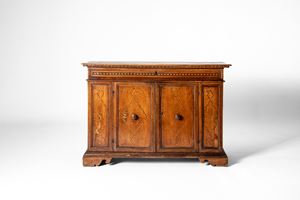 Two-door sideboard with geometric inlay decoration. Tuscany, 18th century.