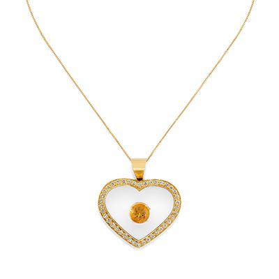 In oro giallo 18k, Pendente a cuore in cristallo di rocca con quarzo citrino e diamanti