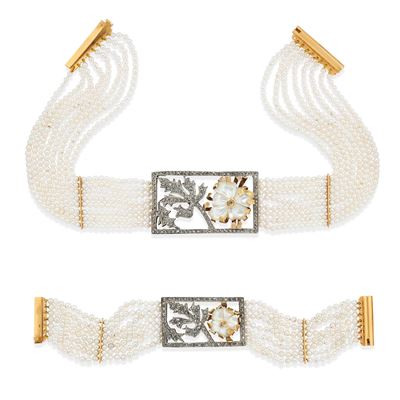 Demi-parure con perle coltivate in oro giallo 18k e argento