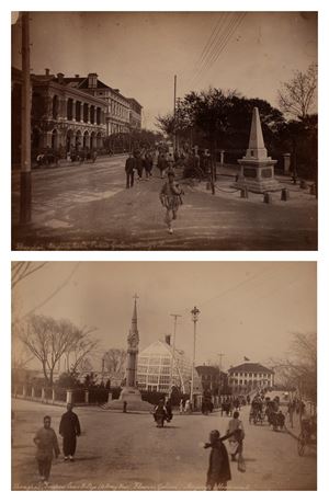 Shangai, English Bund, Public Garden, Army's Monument ; Shangai, Sochour Greek Bridge (to Hong-Kong), Flowers Garden, Magary's Monument