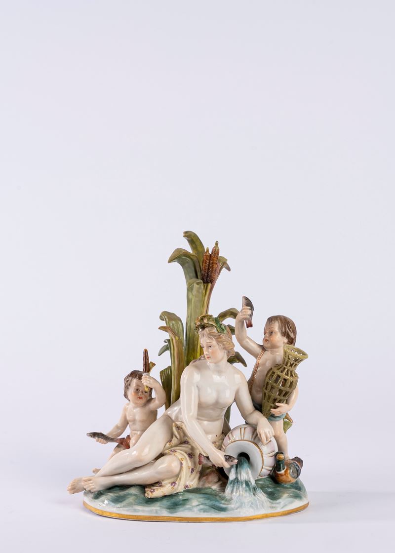 Gruppo in porcellana policroma raffigurante l’Allegoria dell’Acqua. Manifattura di Meissen, secol...