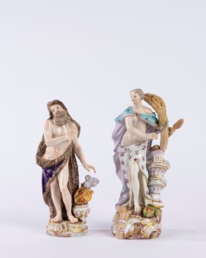 Due figure in porcellana policroma raffiguranti l&rsquo;allegoria dell&rsquo;Estate e dell&rsquo;Inverno. Manifattura di Meissen, fine secolo XIX.