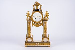 Marble and gilded bronze portico clock. France, late 18th/19th century.
