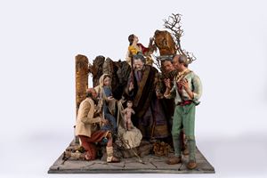 Presepe con la Nativit&agrave;, tre pastori e un angelo. Napoli, secolo XIX