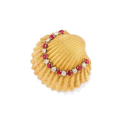 Spilla a conchiglia in oro bicolore 18k con diamanti e rubini