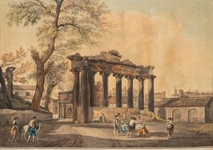 Giovanni Volpato based on a drawing by Louis Ducros, View of the Temple of Concord in Rome with a scene of popular life