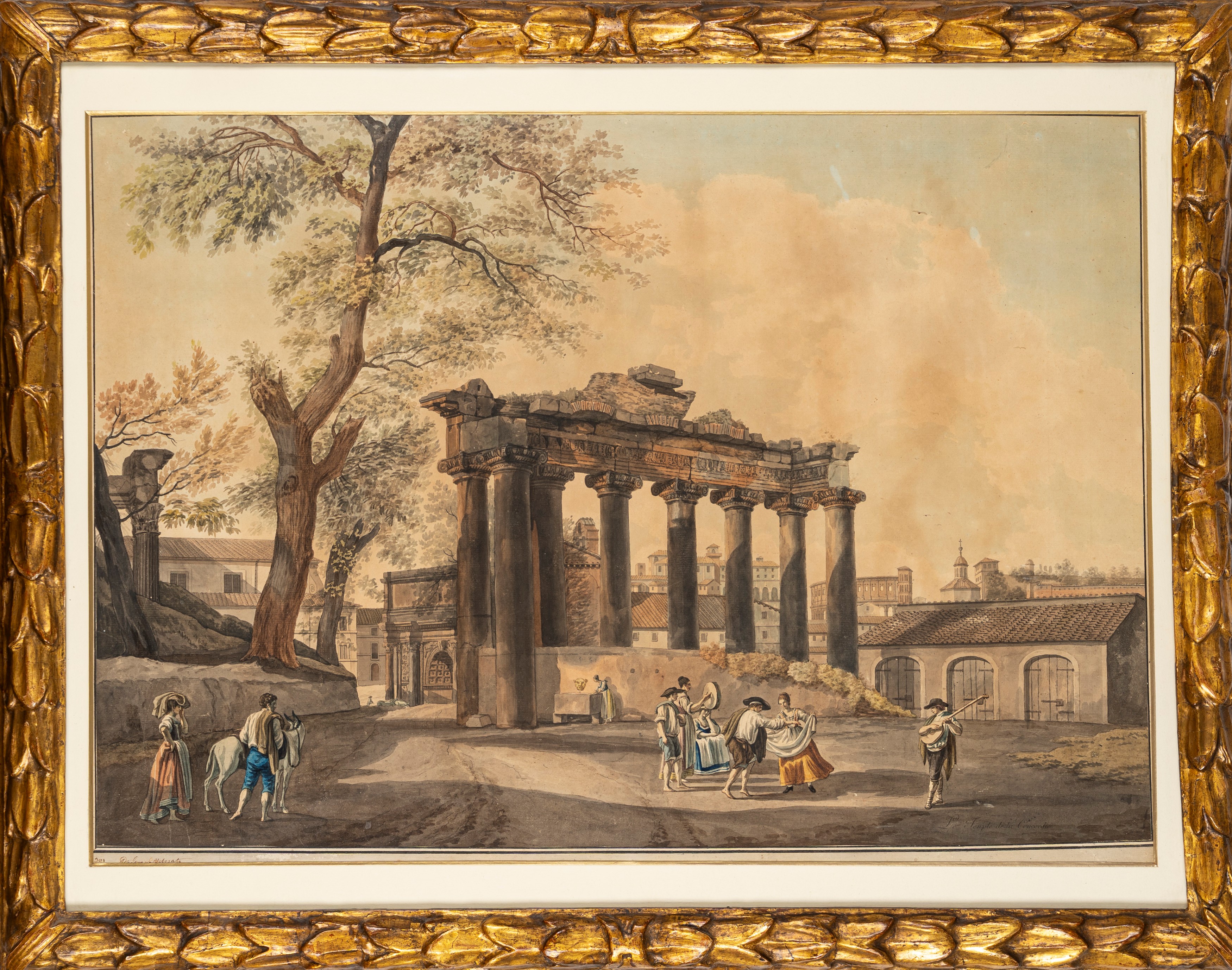 Giovanni Volpato su disegno di Louis Ducros, Veduta del Tempio della Concordia a Roma con scena d...