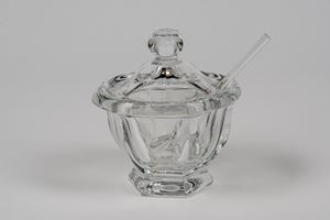 Clear crystal mustard jar with lid and spoon, Baccarat France