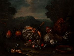 Still life with pumpkin, fruit and farmyard animals