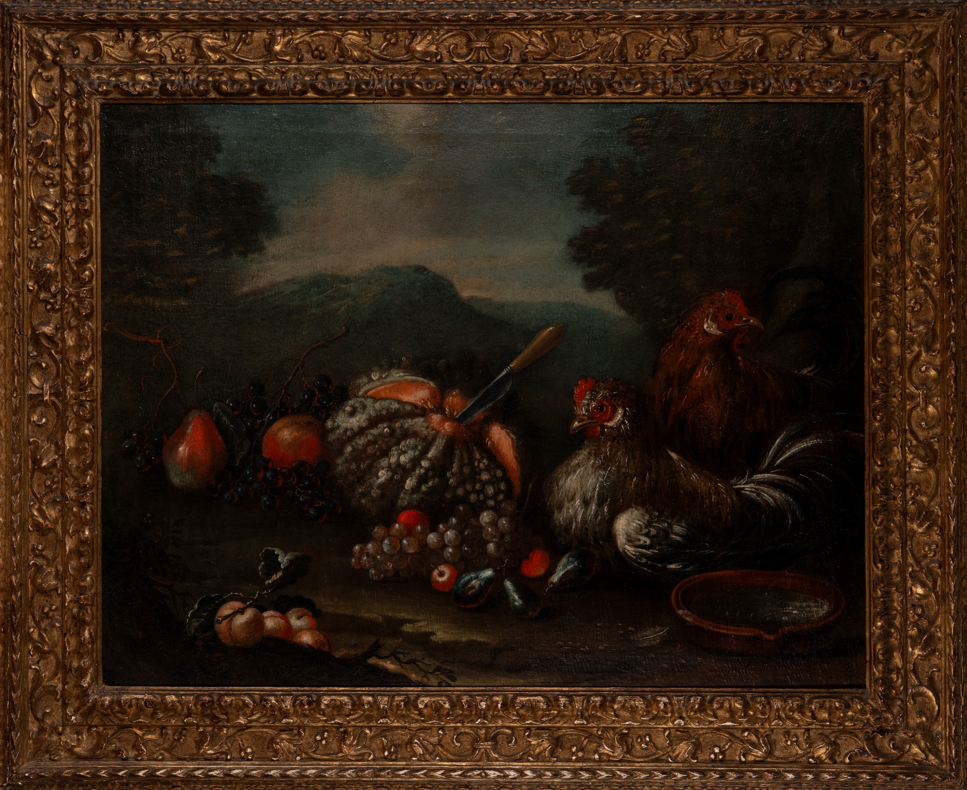 Scuola Lombarda, Fine Secolo XVII-inizio XVIII - Natura morta con zucca, frutta e animali da cort...