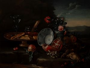 Still life with fruit, biscuits and ceramics en plein air
