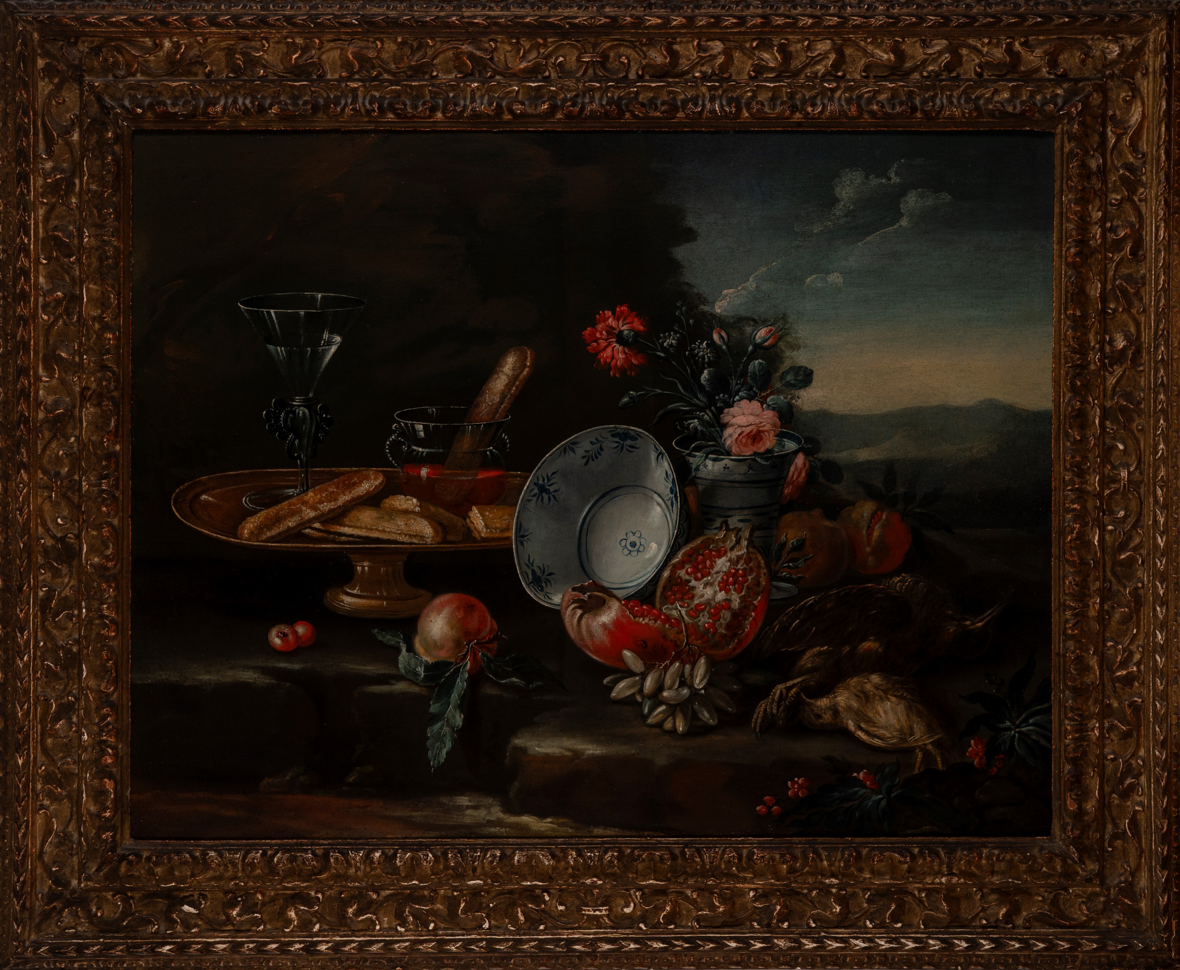 Natura morta con frutta, biscotti e ceramiche en plein air