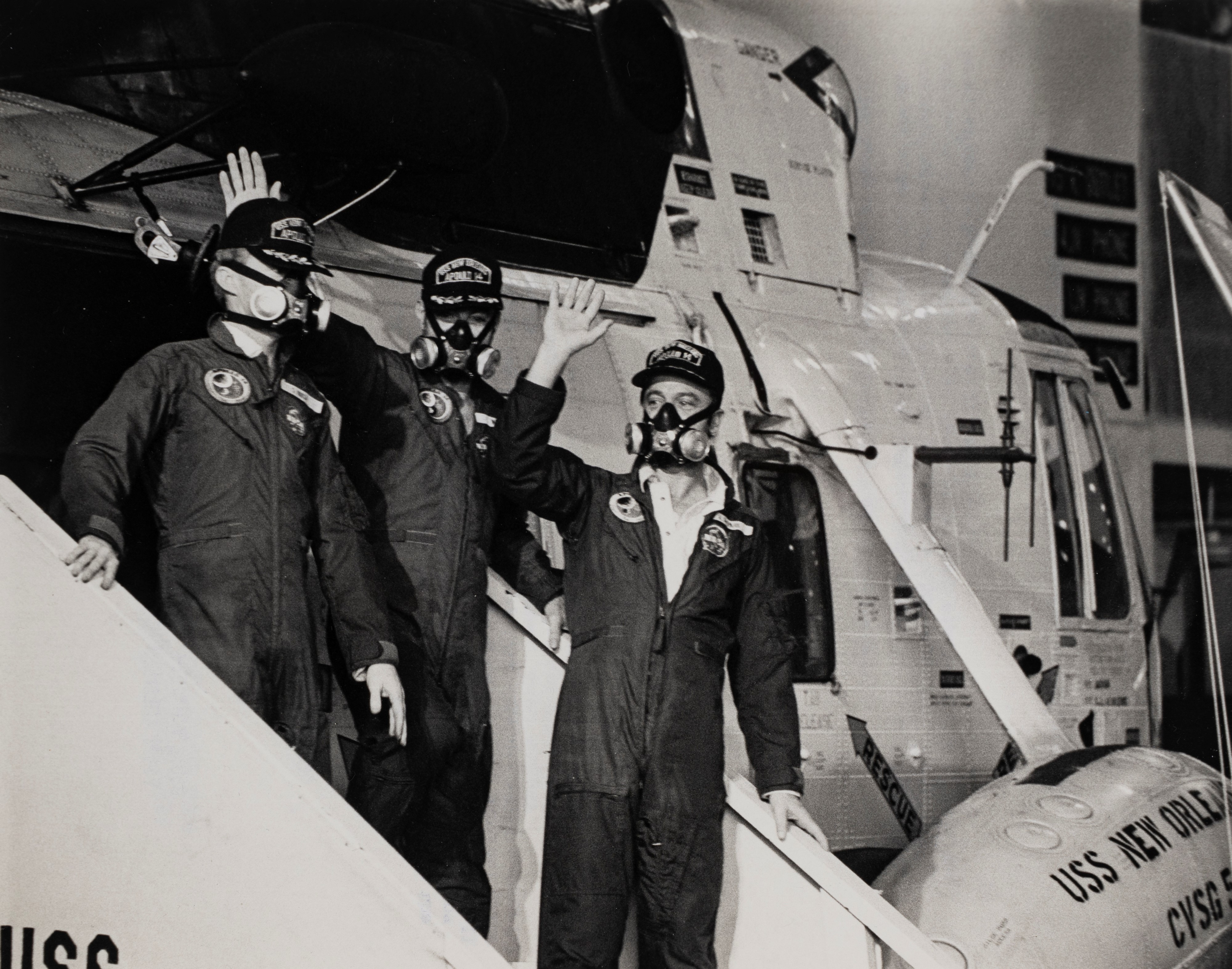 Apollo 14, Stuart A. Roosa, Alan B. Shepard, Edgar D. Mitchell, aboard the USS New Orleans