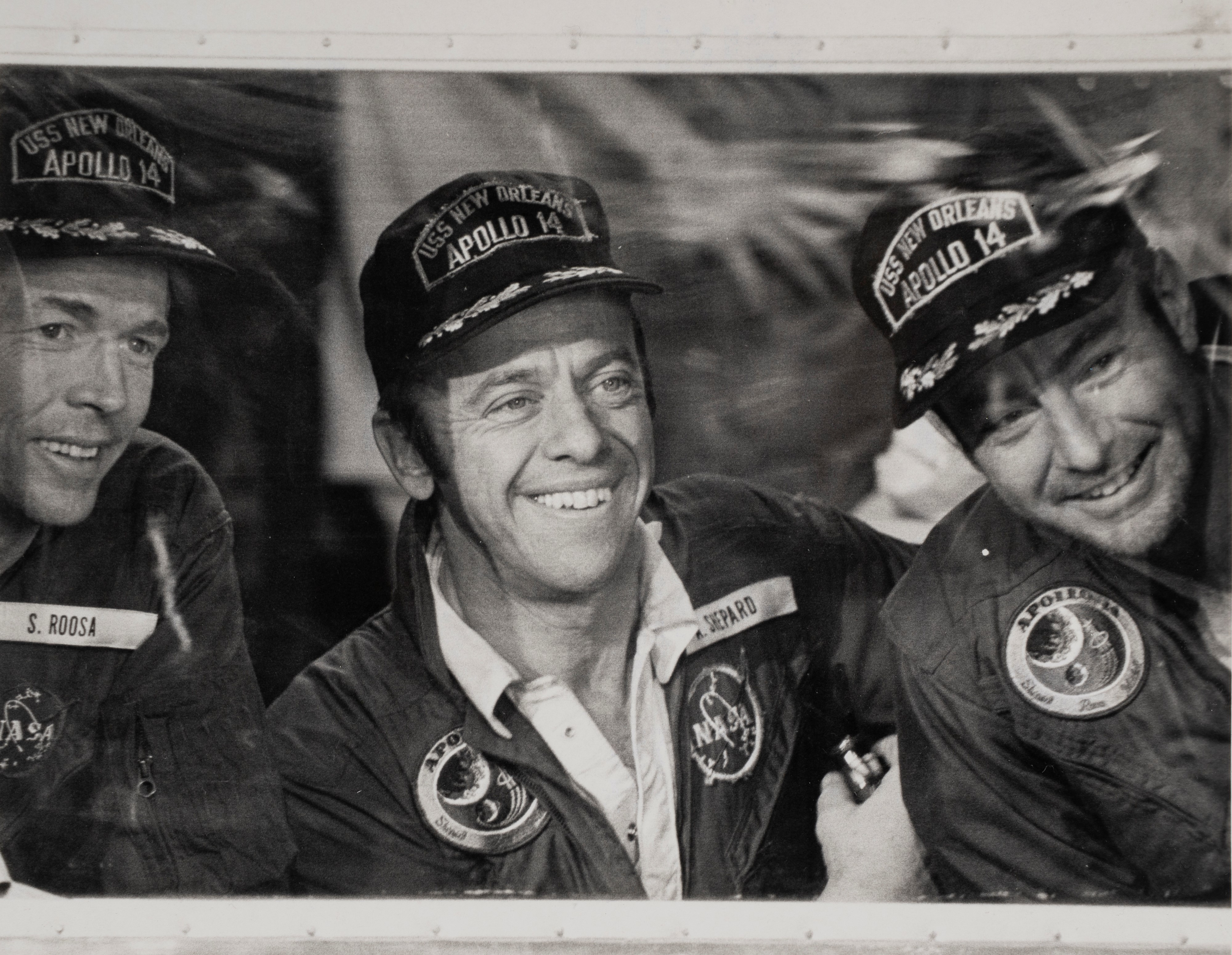 Apollo 14, Stuart A. Roosa, Alan B. Shepard, Edgar D. Mitchell, aboard the USS New Orleans