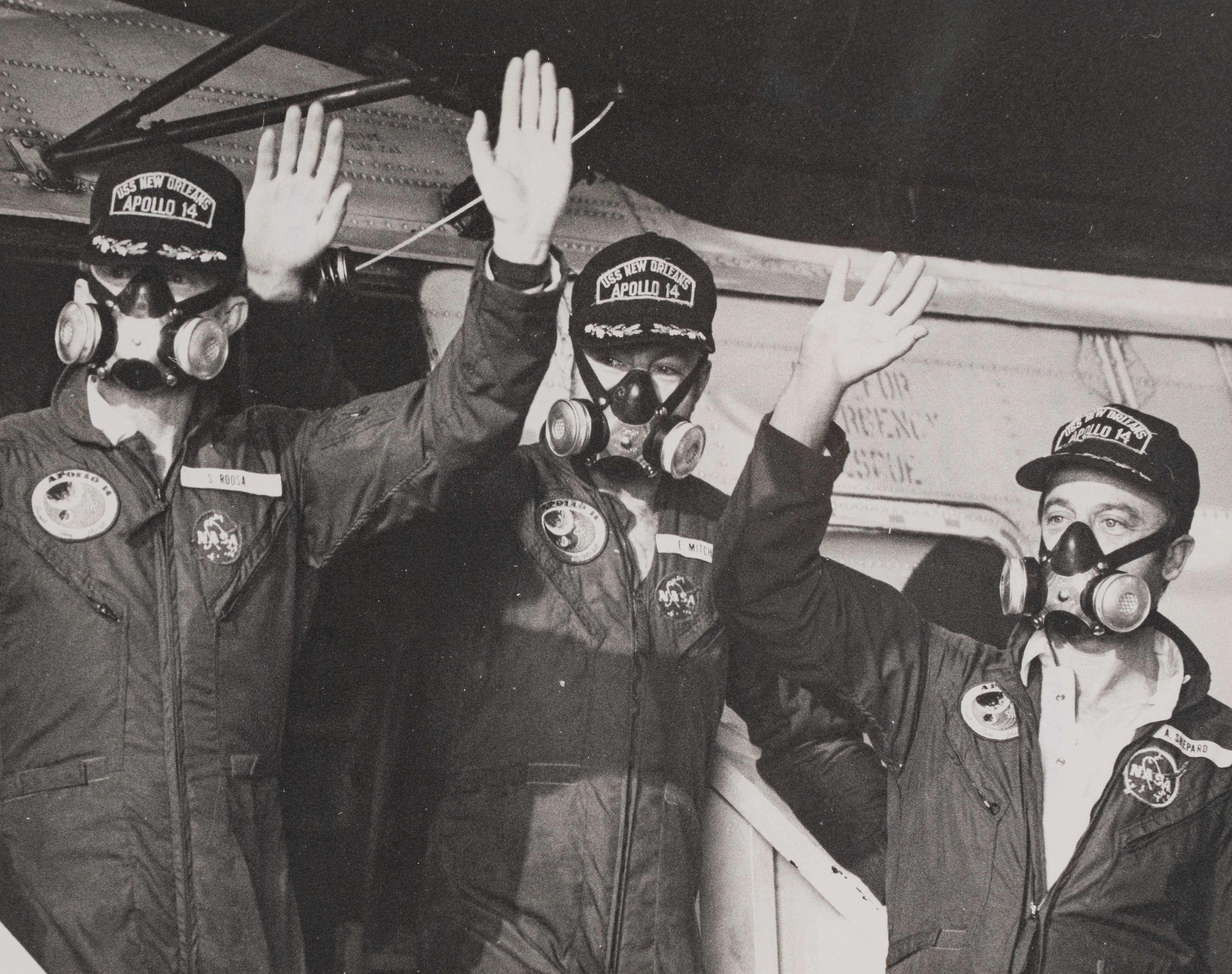 Apollo 14, Stuart A. Roosa, Alan B. Shepard, Edgar D. Mitchell, aboard the USS New Orleans