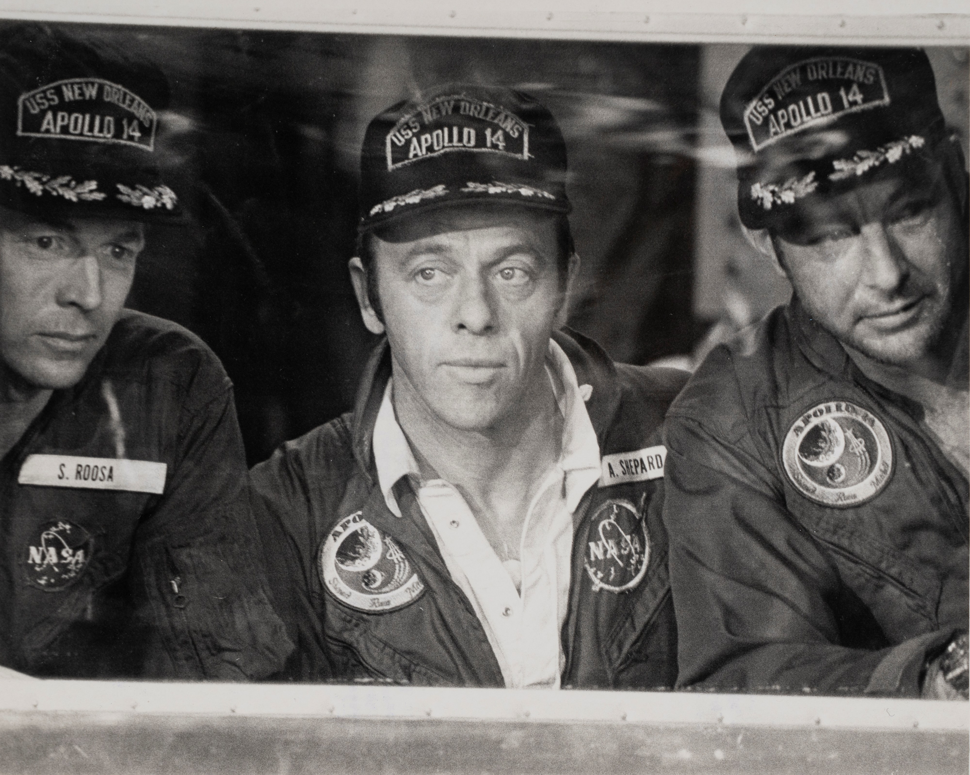 Apollo 14, Stuart A. Roosa, Alan B. Shepard, Edgar D. Mitchell, aboard the USS New Orleans