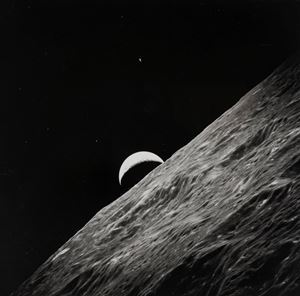 Apollo 17, Crescent earthrise prior to TEI, lunar farside in foreground