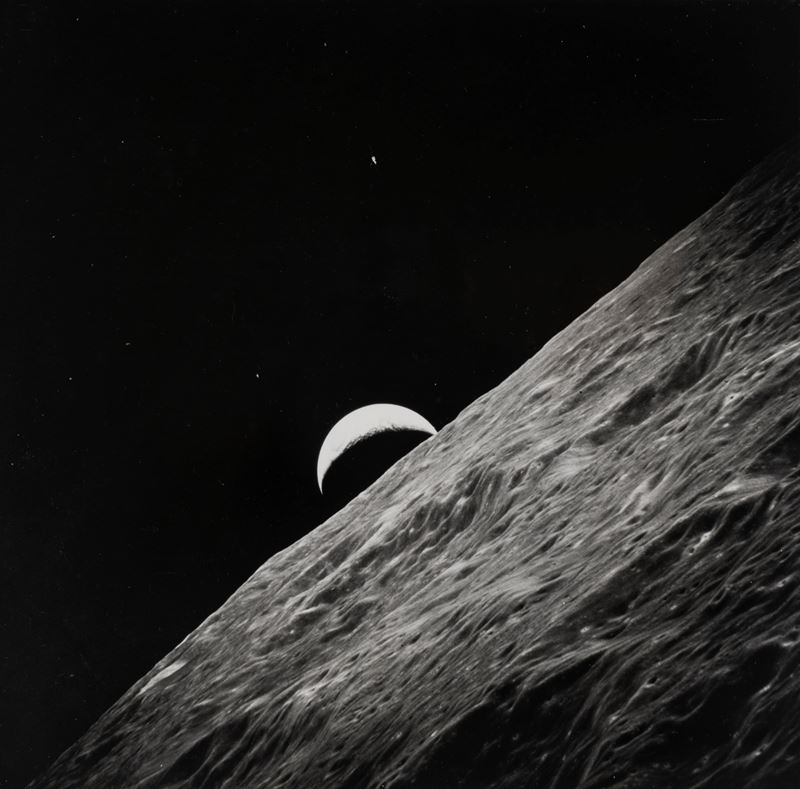 Apollo 17, Crescent earthrise prior to TEI, lunar farside in foreground