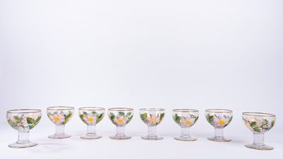 Otto Coppe da Macedonia in Vetro con Bordo Dorato, Dipinte a Fiori