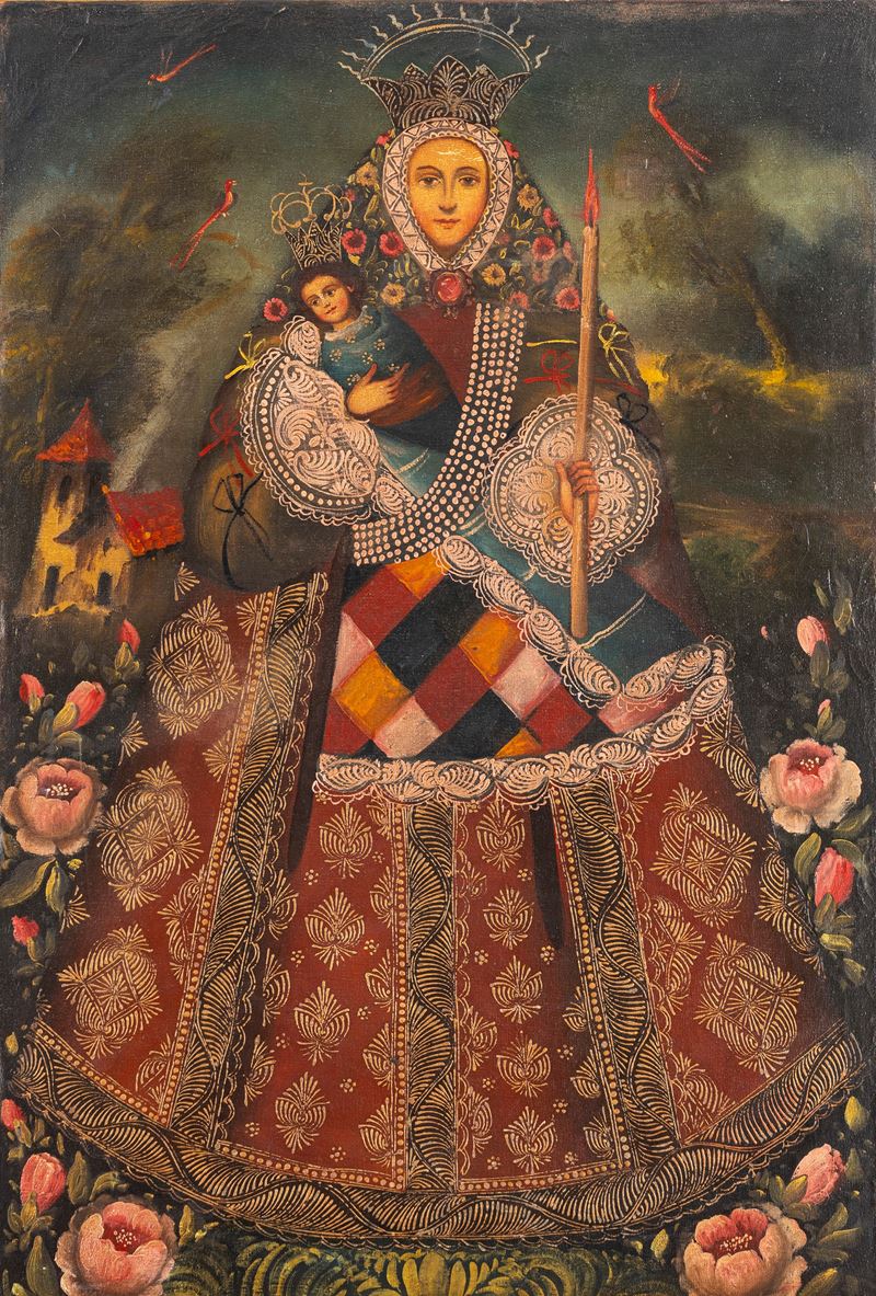 Scuola di Cuzco - Madonna con Bambino, olio su tela
