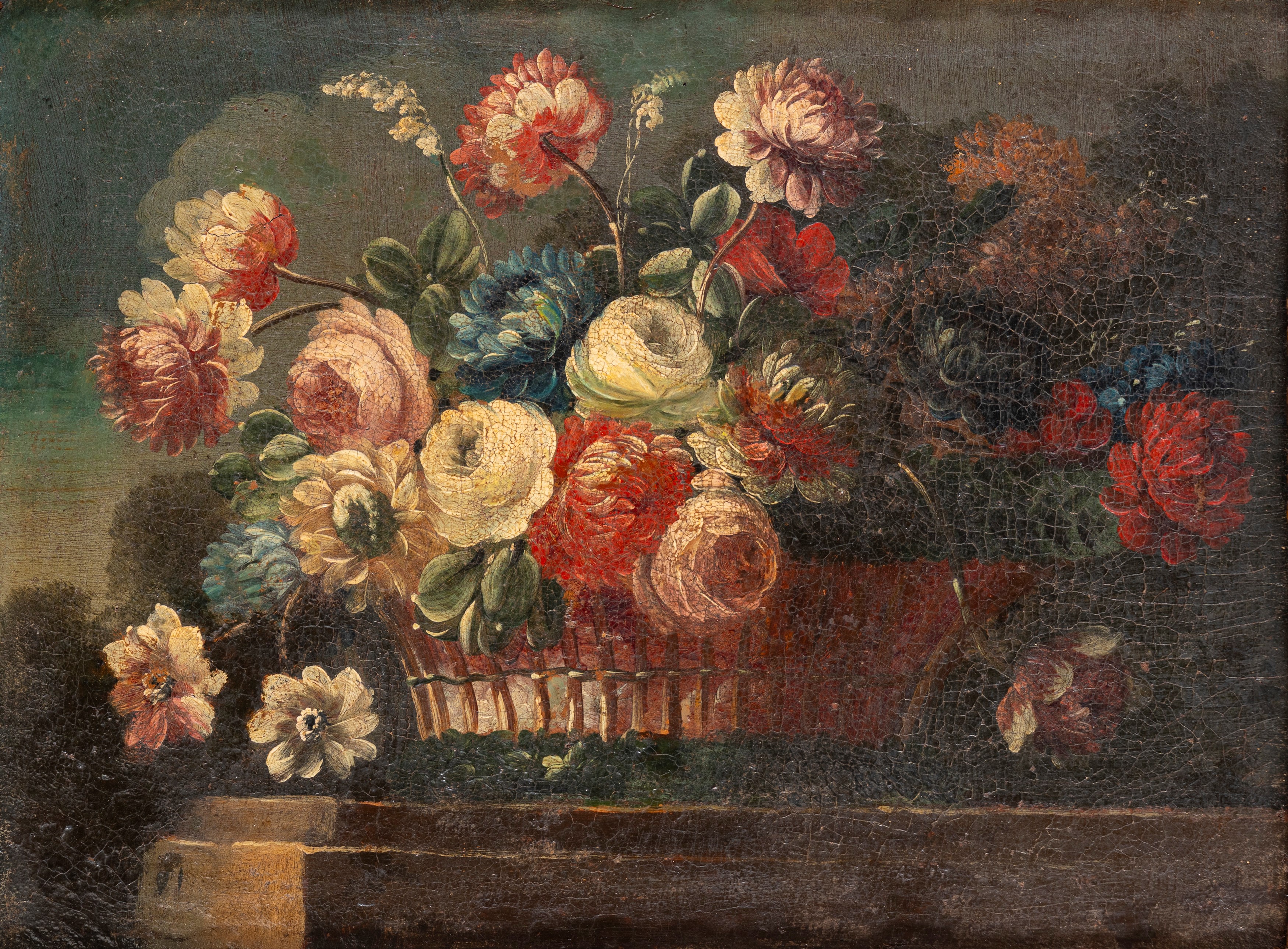 Scuola Napoletana, Secolo XVIII - Nature Morte con Fiori in un Cesto di Vimini En Plein Air