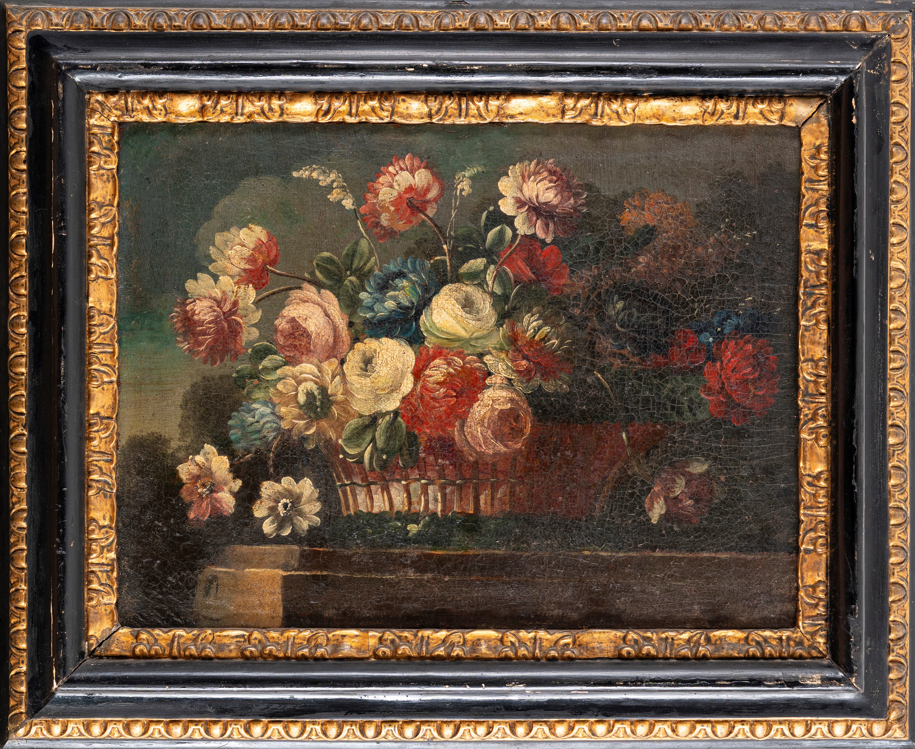 Scuola Napoletana, Secolo XVIII - Nature Morte con Fiori in un Cesto di Vimini En Plein Air