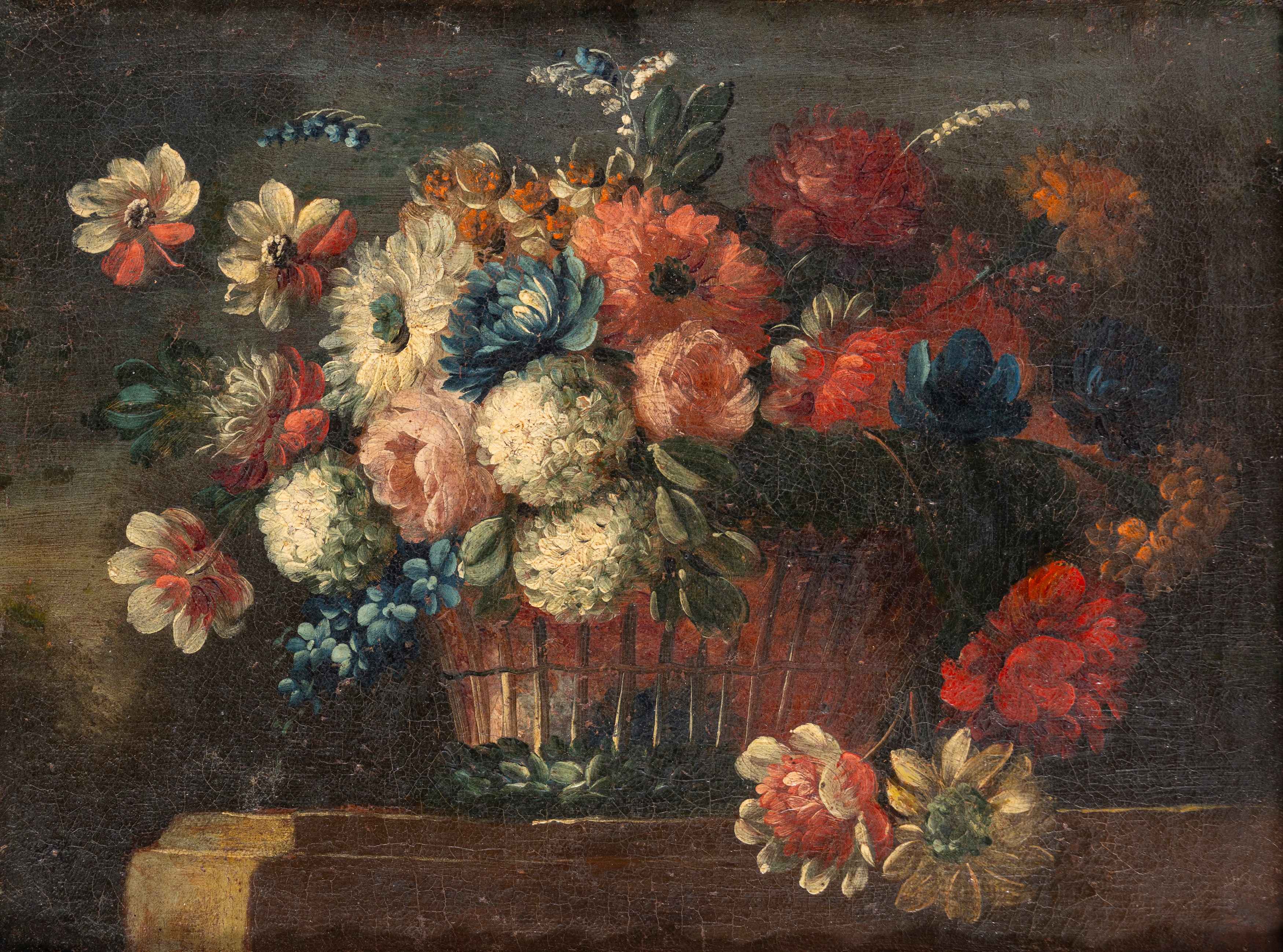 Scuola Napoletana, Secolo XVIII - Nature Morte con Fiori in un Cesto di Vimini En Plein Air