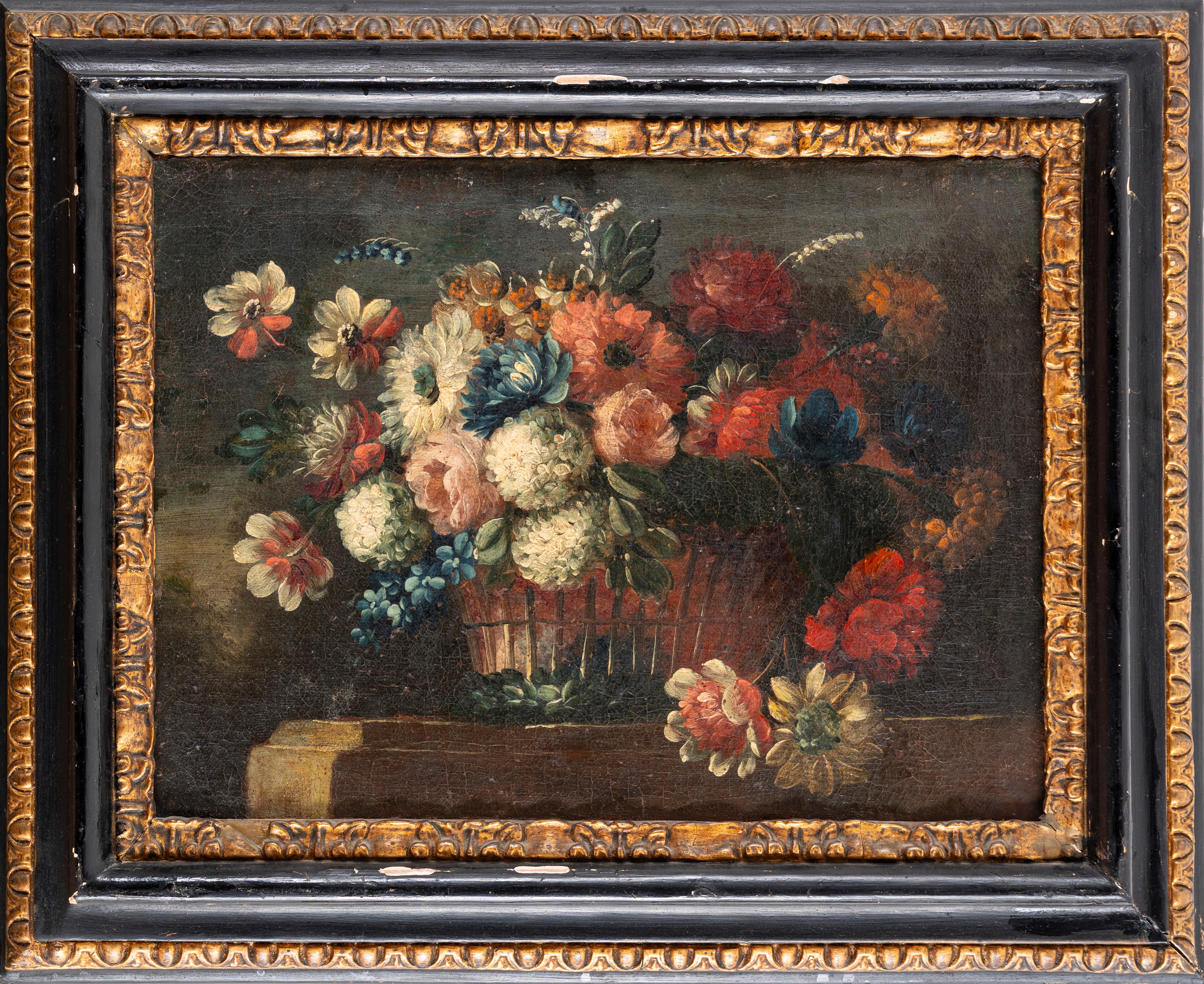 Scuola Napoletana, Secolo XVIII - Nature Morte con Fiori in un Cesto di Vimini En Plein Air