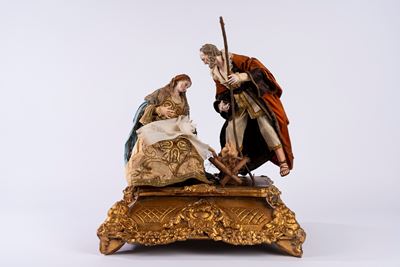 Gruppo scultoreo da presepe, entro teca